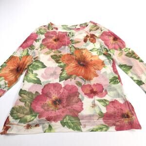 Tommy Bahama XL 100% Silk Sheer Knitted Pullover Button Top Blouse Floral MINT